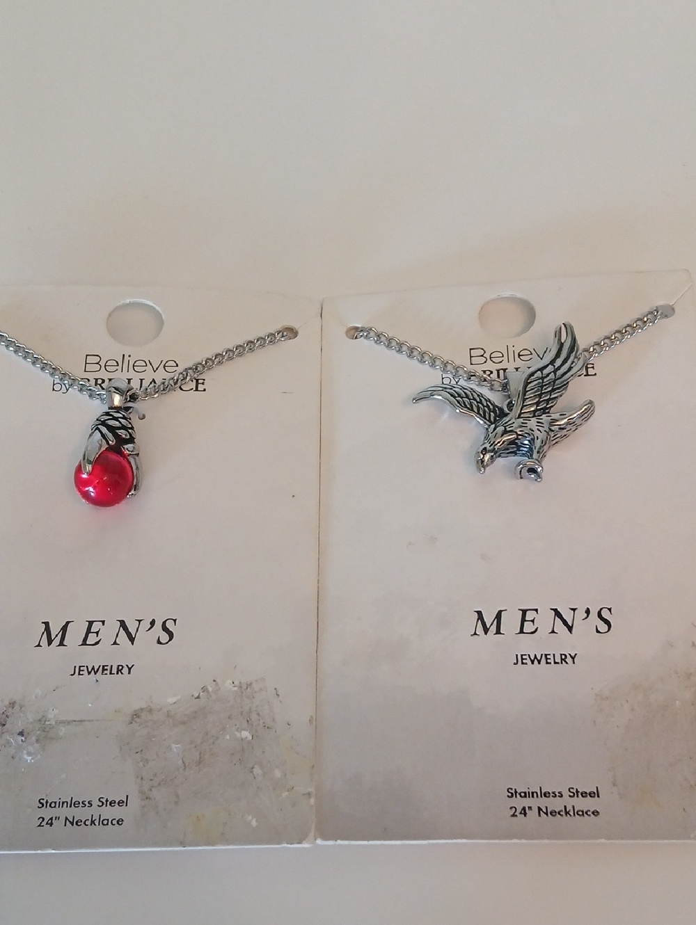 Two Men's Stainless Steel Necklaces/ Eagle Claw Grasping Red Orb/Soaring Eagle